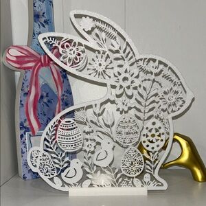 3D Printed White Decorative Easter Bunny with Floral Easter Cutouts